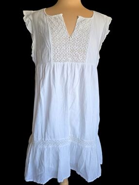 H&M White Cotton Gauze Dress with Crochet Yoke and Ruffle Hem
